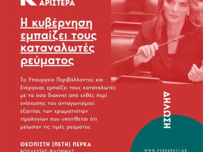 Πέτη Πέρκα: «Η κυβέρνηση εμπαίζει τους καταναλωτές ρεύματος»