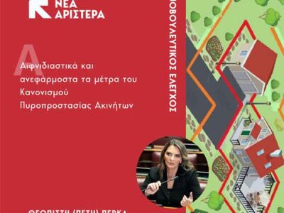 Ερώτησης της Πέτης Πέρκα: Αιφνιδιαστικά και ανεφάρμοστα τα μέτρα του Κανονισμού Πυροπροστασίας Ακινήτων
