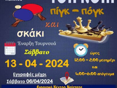 1ο Τουρνουά πιγκ-πογκ και σκάκι Ι.Ν, Αγ. Κων/νου και Ελένης & Αναλήψεως του Κυρίου Αμυνταίου