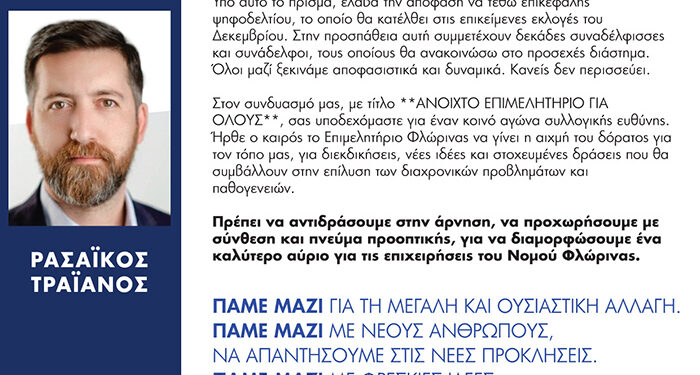 Δήλωση υποψηφιότητας για πρόεδρο του Ε.Β.Ε. ΦΛΩΡΙΝΑΣ