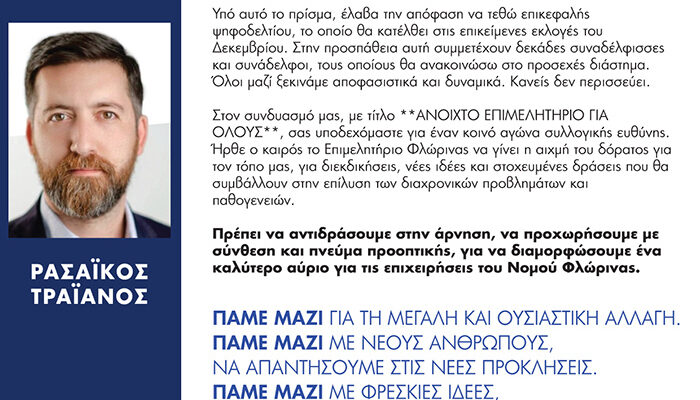 Δήλωση υποψηφιότητας για πρόεδρο του Ε.Β.Ε. ΦΛΩΡΙΝΑΣ