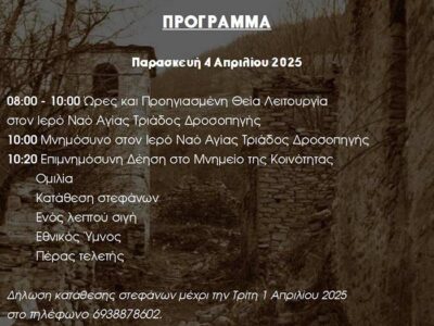 Εκδηλώσεις μνήμης για την 81η επέτειο του Ολοκαυτώματος της Μαρτυρικής Κοινότητας Δροσοπηγής